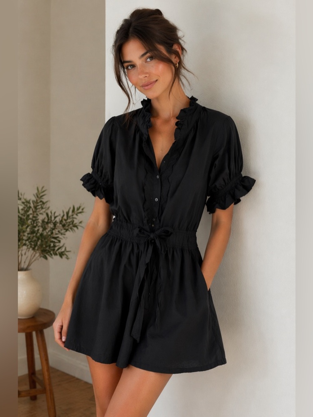 Stark X Black Cotton Mini Dress Ruffle Collar Puff Sleeve Tie Waist‎ Size S LBD